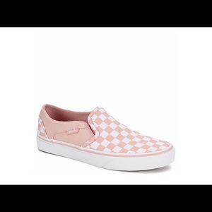 Pink and white checkered slip on vans